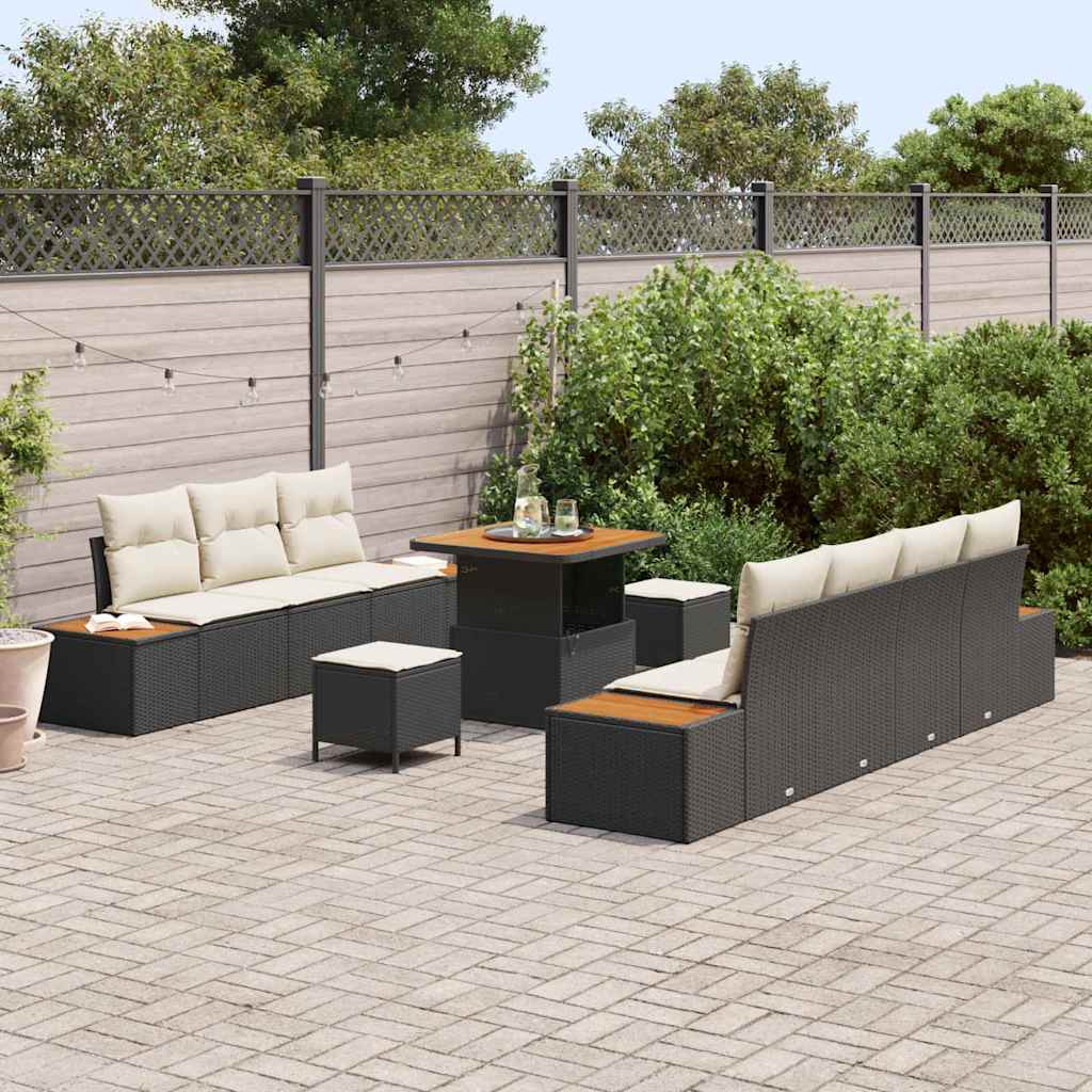 vidaXL 10-delige Tuinset met Kussens Zwart Poly Rattan Acacia