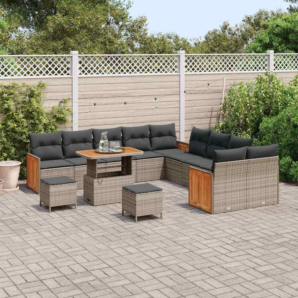 vidaXL 13-delige Tuinbankenset met kussens poly rattan acacia grijs