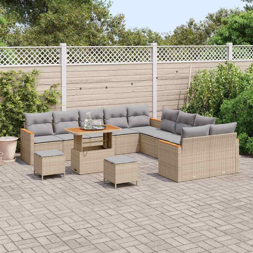 vidaXL 13-delige Tuinbankenset met kussens poly rattan acacia beige