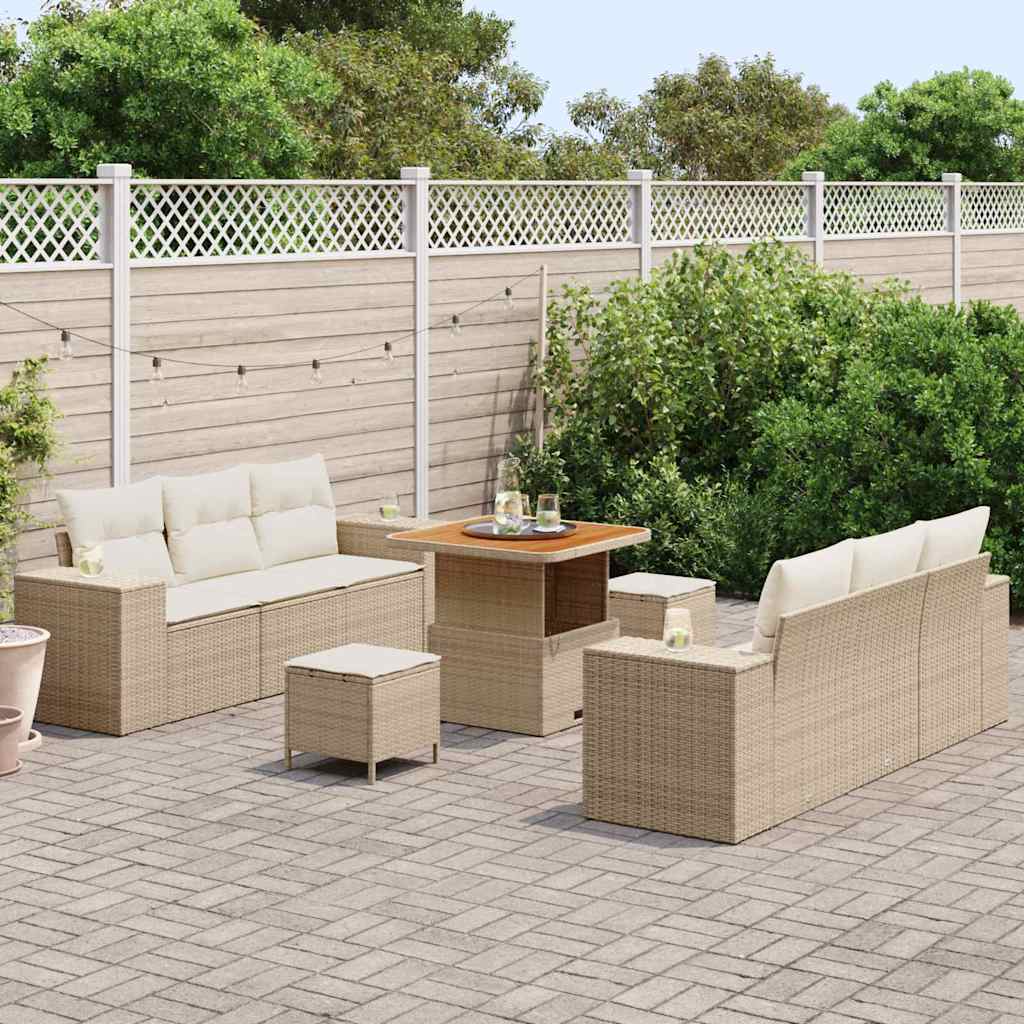 vidaXL 9-delige Tuinbankenset met kussens poly rattan acacia beige
