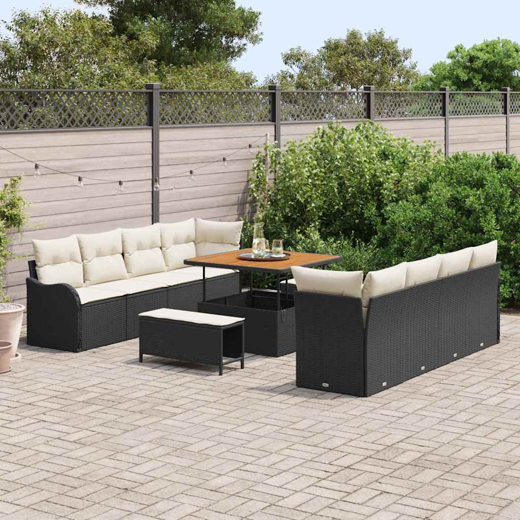 vidaXL 11-delige Tuinbankenset met kussens poly rattan acacia zwart