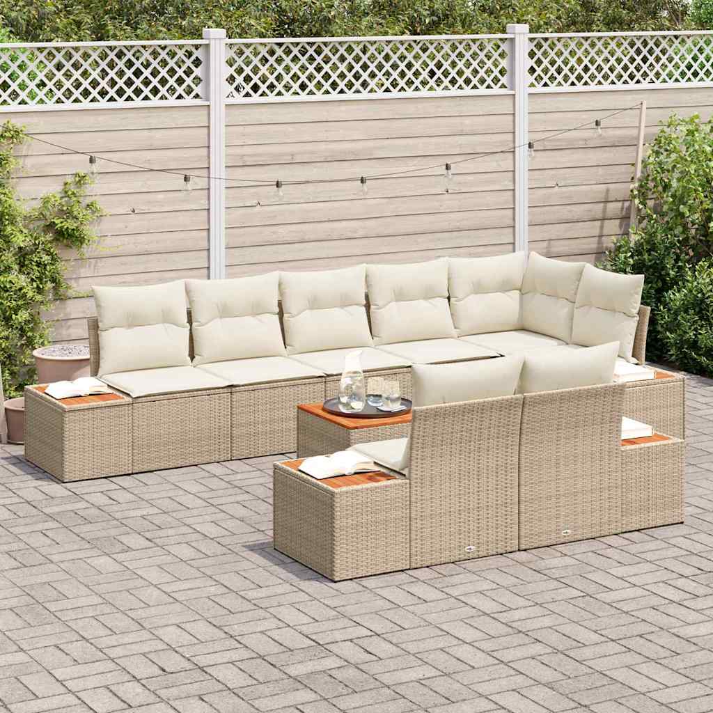 vidaXL 9-delige tuinbankset met kussens in beige poly rattan en acacia.