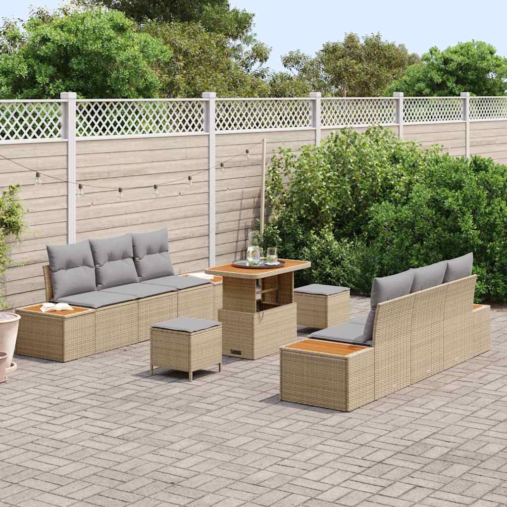 vidaXL 9-delige tuinset met kussens in beige van poly rattan en acacia