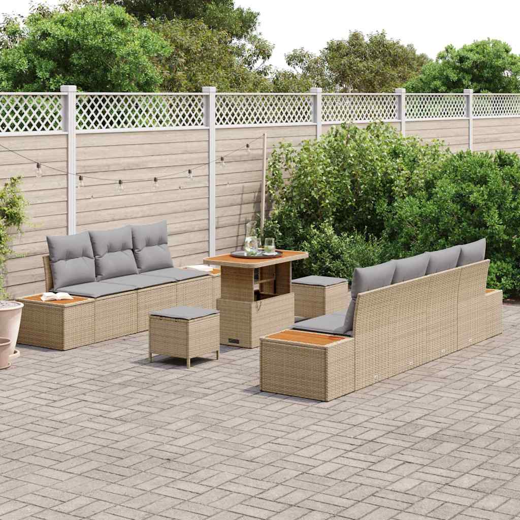 vidaXL 10-delige tuinsofa set met kussens in beige van poly rattan en acacia