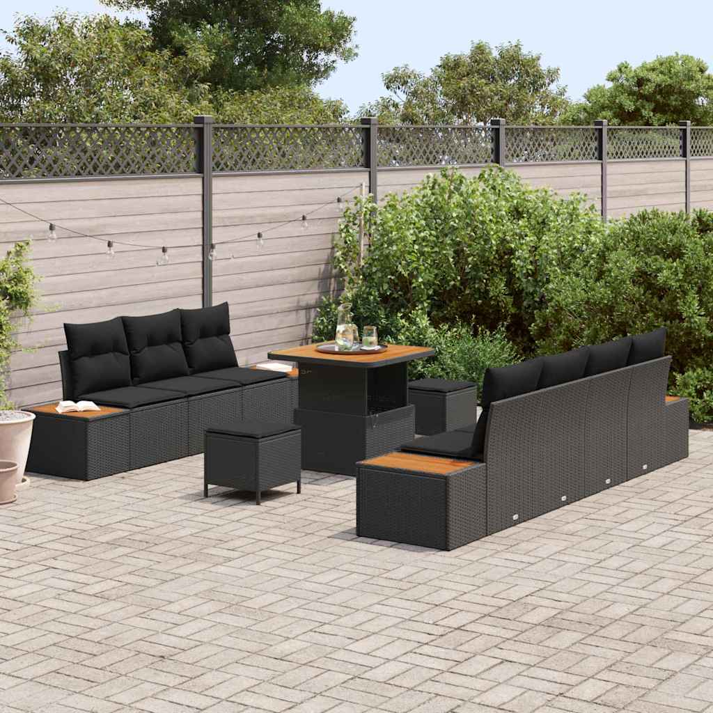vidaXL 10-delige tuinset met kussens in zwart poly rattan en acacia
