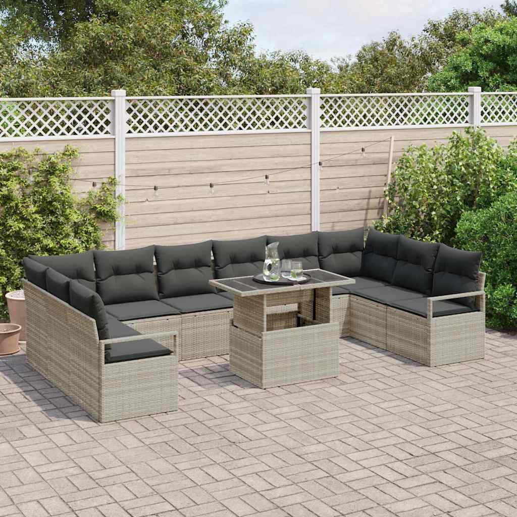 vidaXL 11-delige tuinset met kussens in lichtgrijs poly rattan