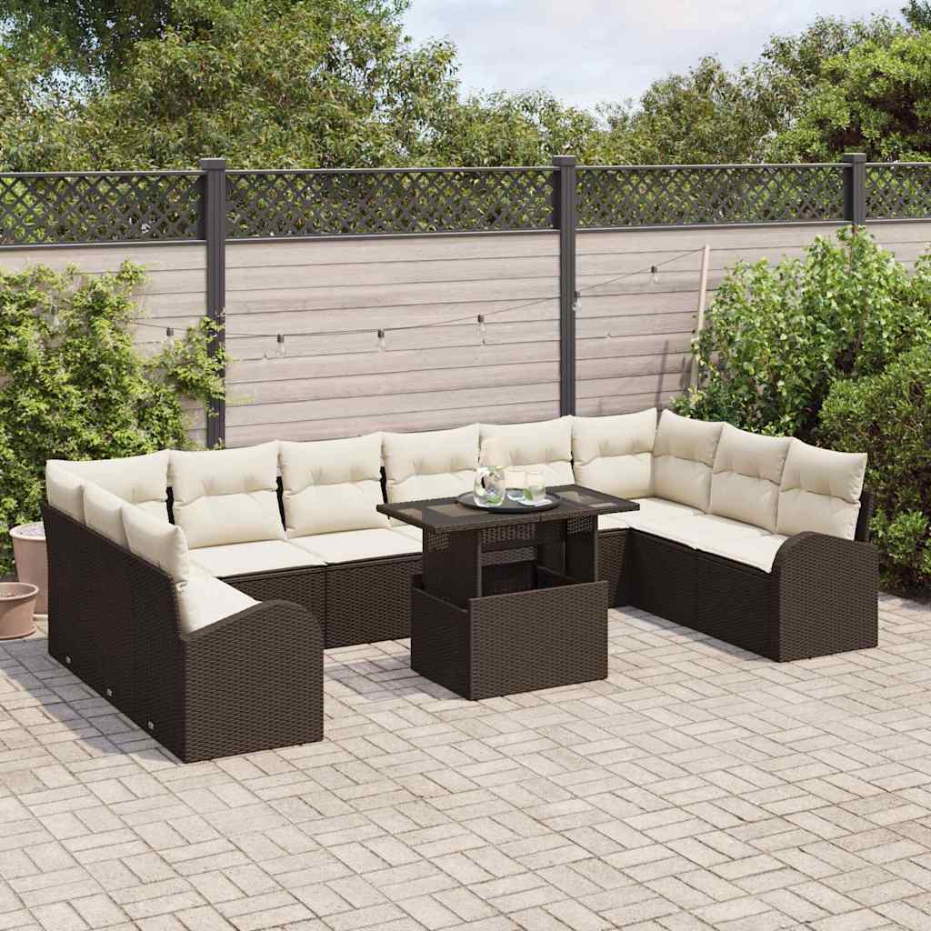 vidaXL 11-delige tuinset met kussens bruin poly rattan