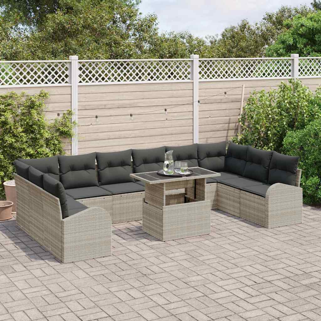 vidaXL 11-delige tuinset met kussens in lichtgrijs poly rattan