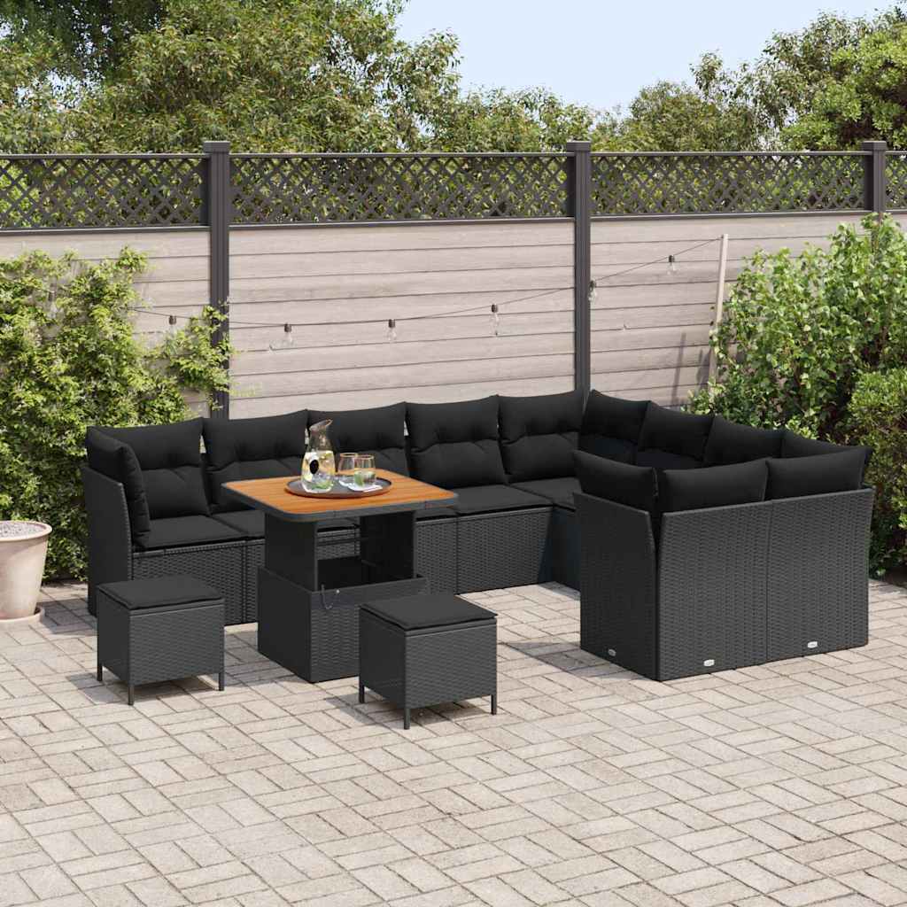 vidaXL 12-delige Tuinbankenset met kussens poly rattan acacia zwart