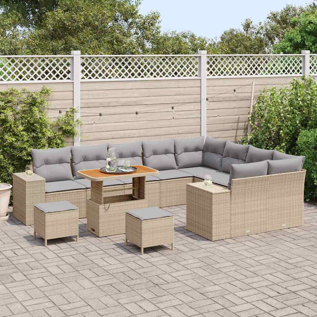 vidaXL 12-delige tuinset met kussens - Beige Poly Rattan en Acacia