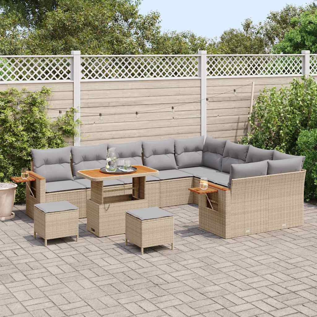 vidaXL 12-delige Tuinbankenset met kussens poly rattan acacia beige
