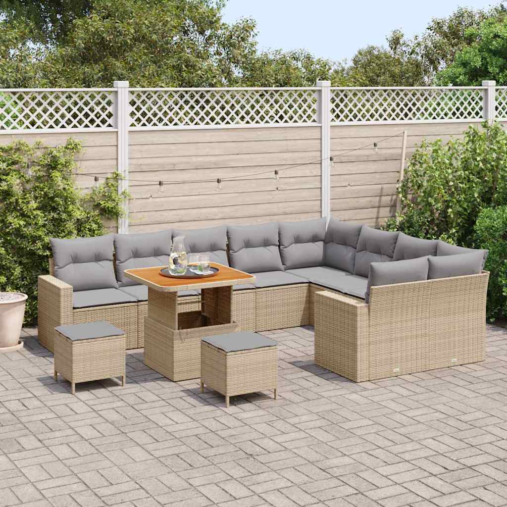 vidaXL 12-delige tuinset met kussens in beige poly rattan en acacia