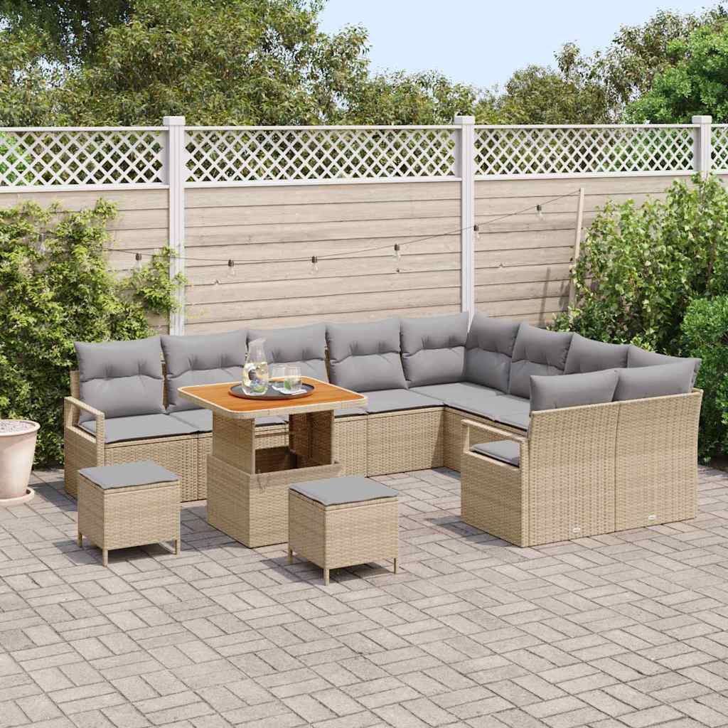 vidaXL 12-delige Tuinbankenset met kussens poly rattan acacia beige