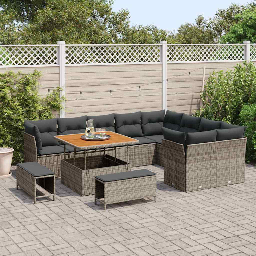 vidaXL 12-delige Tuinbankenset met kussens poly rattan acacia grijs