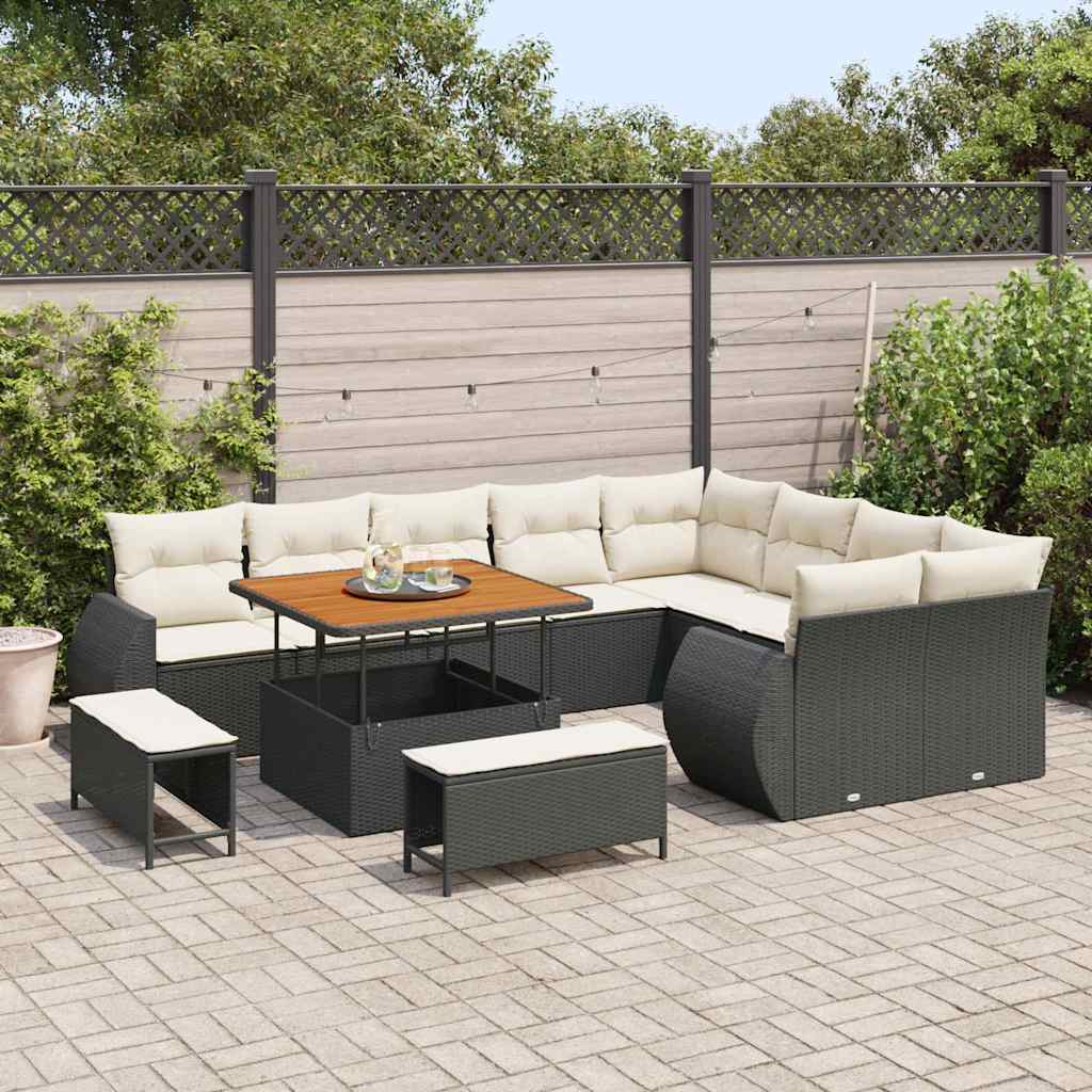 vidaXL 12-delige Tuinbankenset met kussens poly rattan acacia zwart