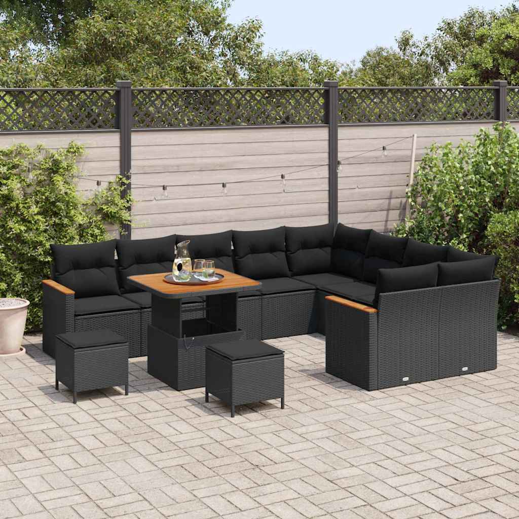 vidaXL 12-delige Tuinbankenset met kussens poly rattan acacia zwart