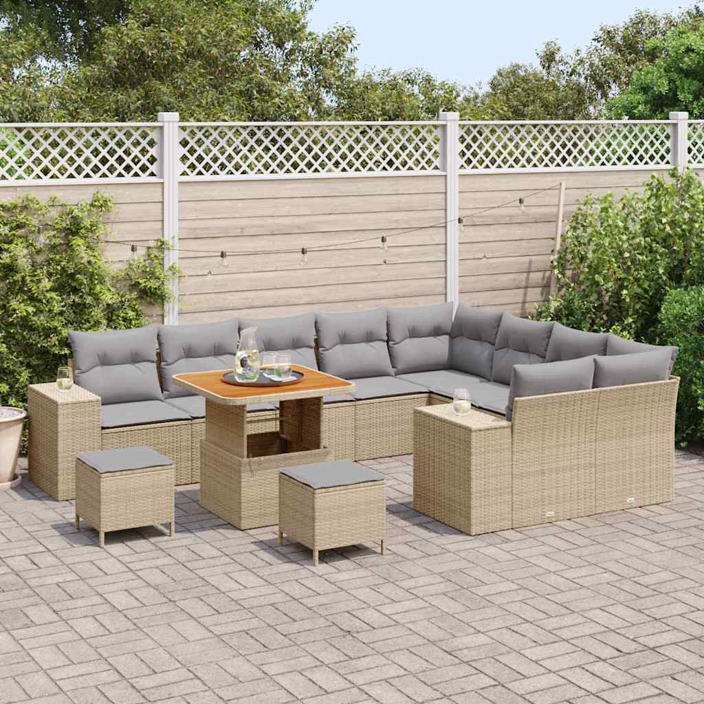 vidaXL 12-delige tuinsofa-set met kussens in beige poly rattan en acacia