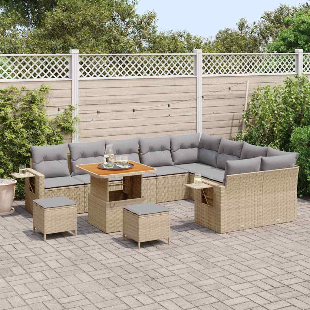 vidaXL 12-delige tuinset met kussens in Beige van poly rattan en acacia
