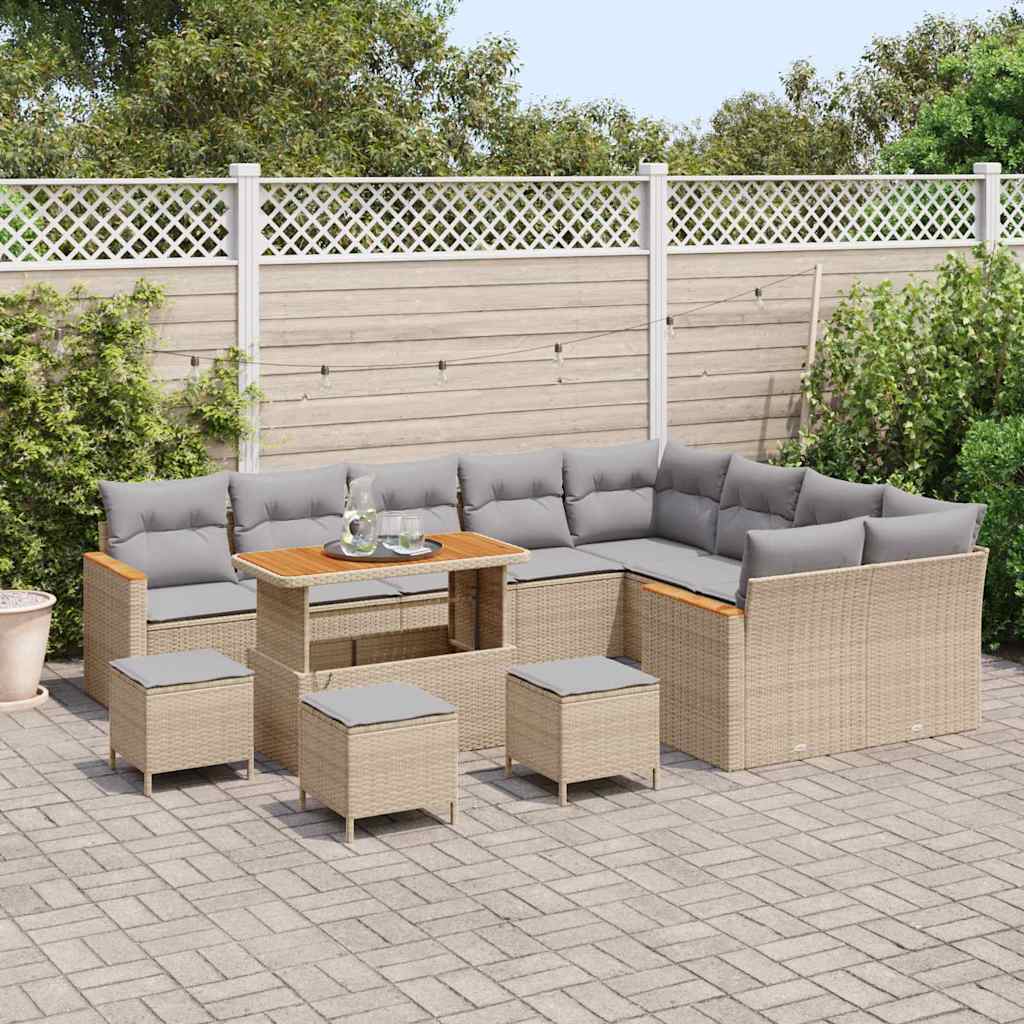 vidaXL 13-delige Tuinbankenset met kussens poly rattan acacia beige
