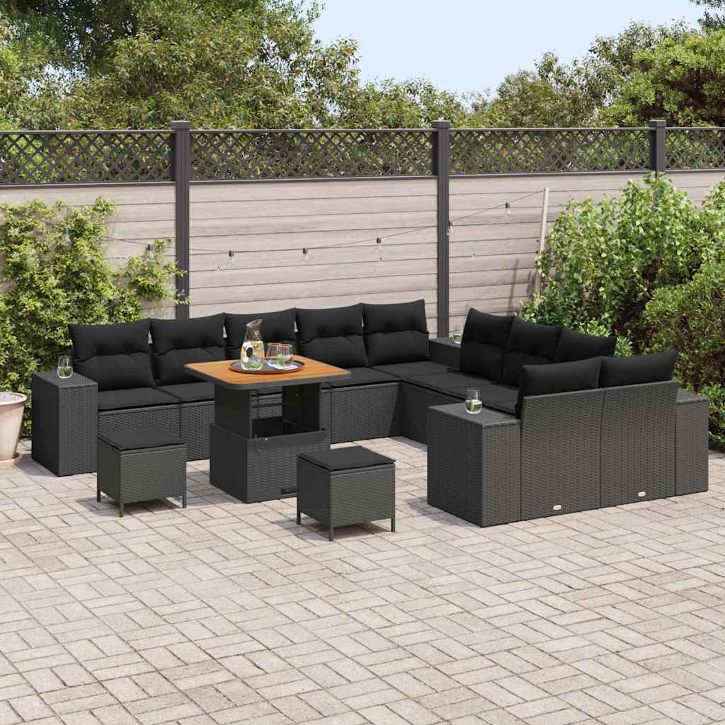 vidaXL 13-delige tuinbankset met kussens in zwart poly rattan en acacia
