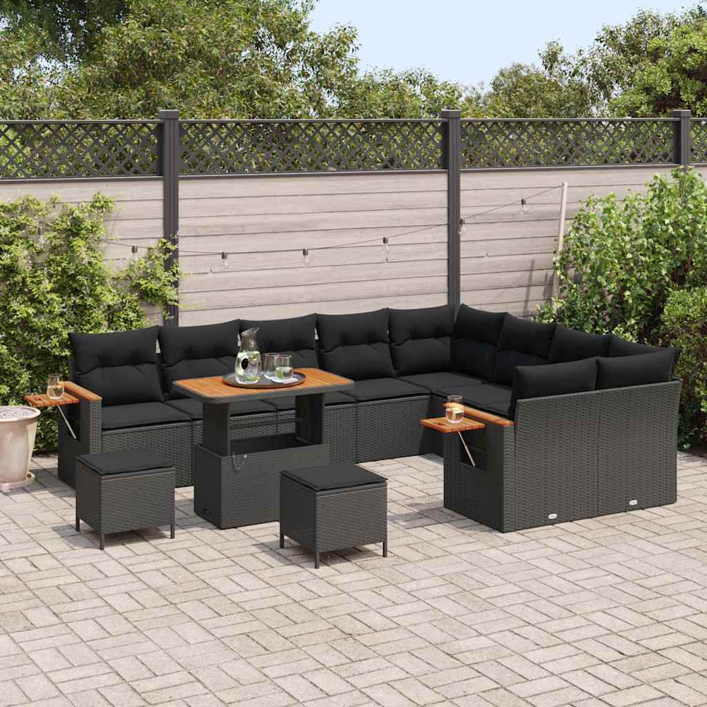 vidaXL 12-delige Tuinbankenset met kussens poly rattan acacia zwart