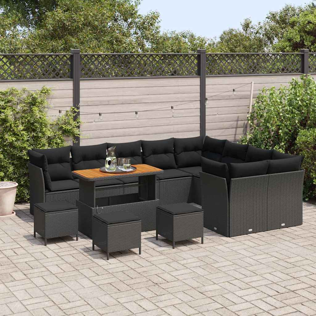vidaXL 13-delige Tuinbankenset met kussens poly rattan acacia zwart