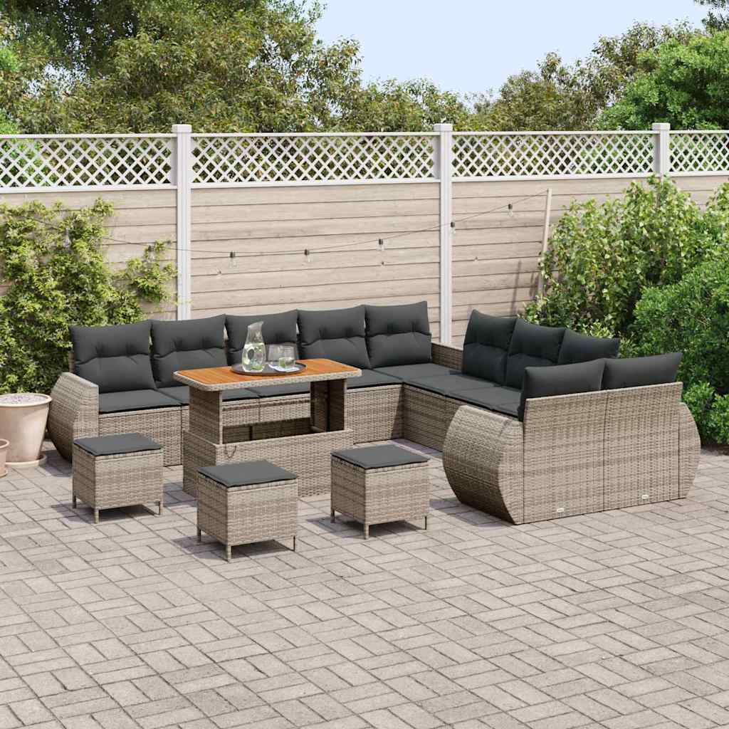 vidaXL 14-delige Tuinbankenset met kussens poly rattan acacia grijs