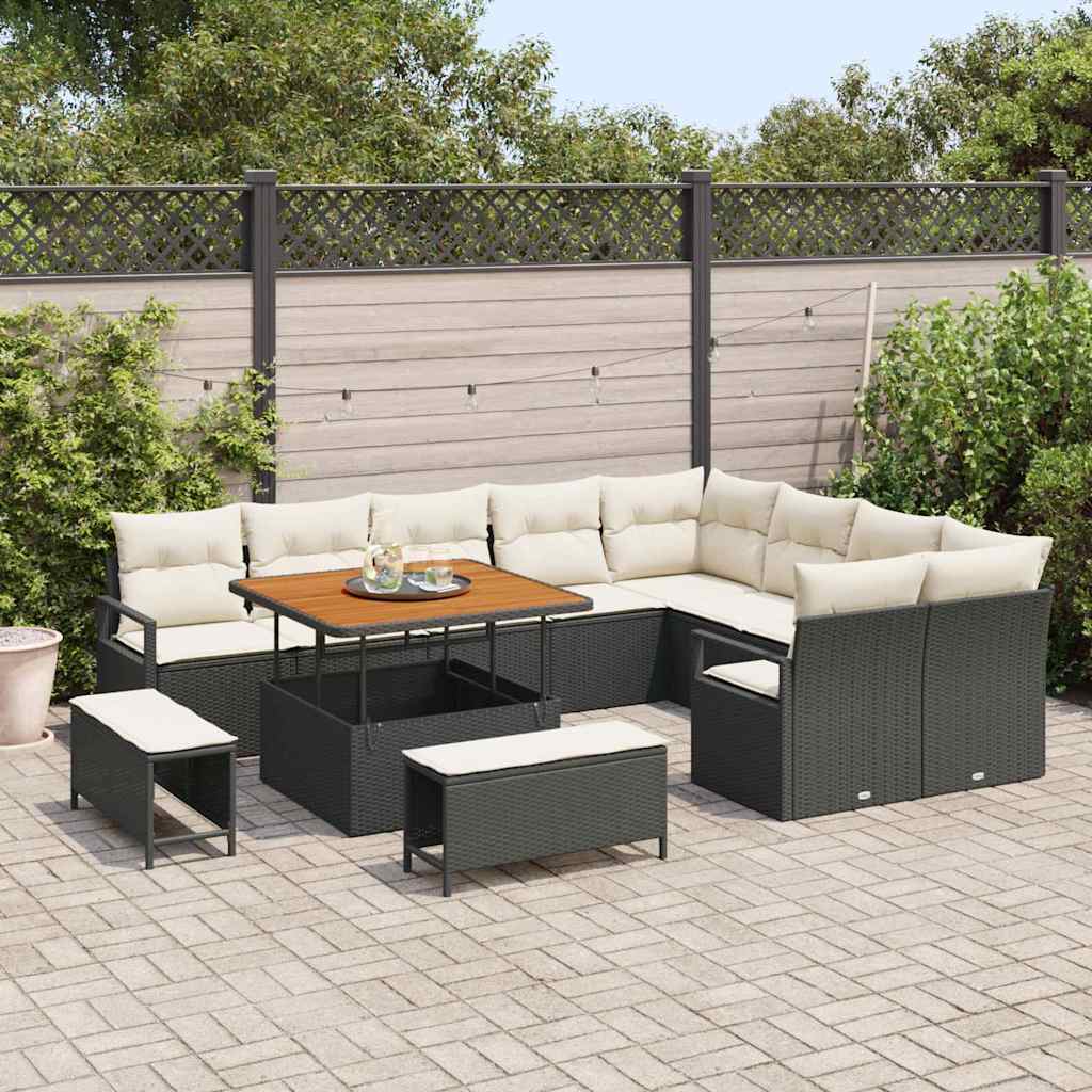 vidaXL 12-delige Tuinbankenset met kussens poly rattan acacia zwart