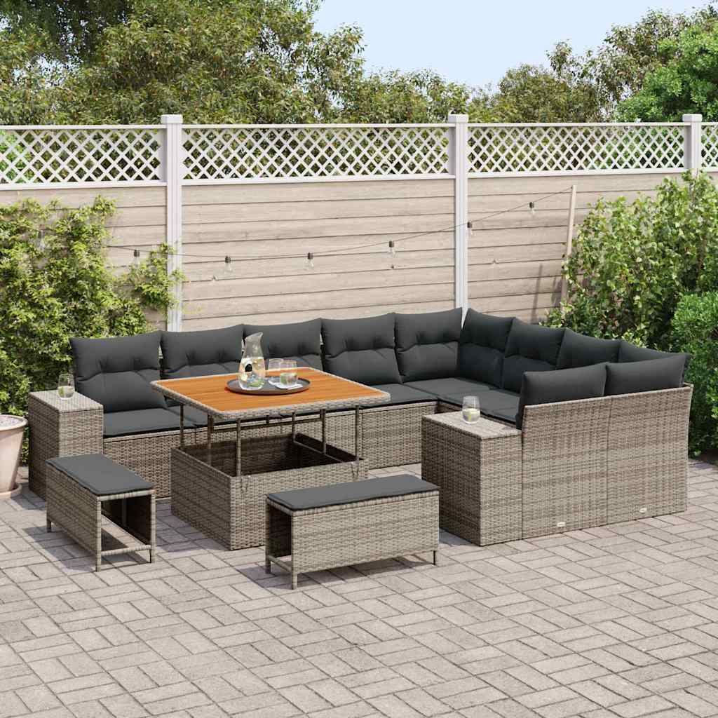 vidaXL 12-delige tuinset met kussens Grijs Poly Rattan Acacia