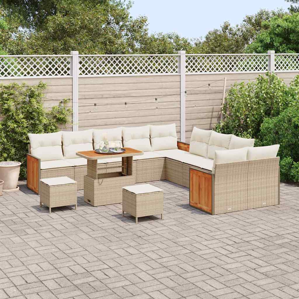 vidaXL 13-delige Tuinbankenset met kussens poly rattan acacia beige
