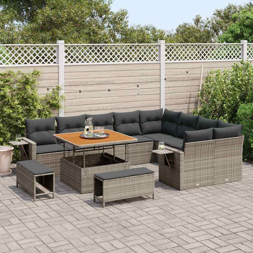 vidaXL 12-delige tuinset met kussens grijs poly rattan acacia