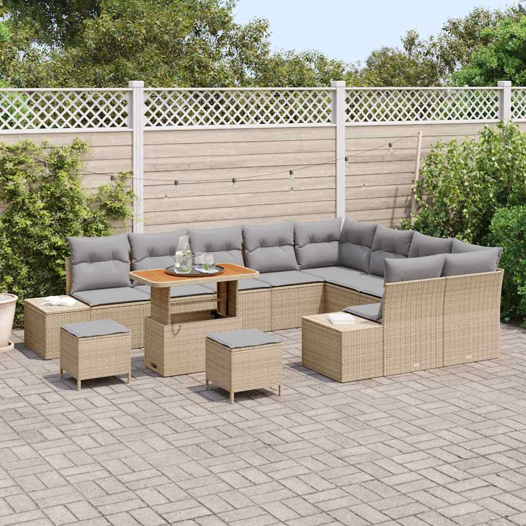 vidaXL 12-delige Tuinbankenset met kussens poly rattan acacia beige