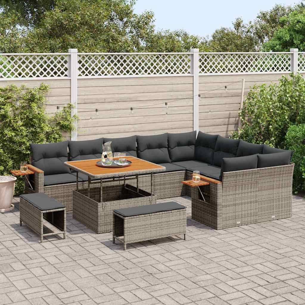 vidaXL 12-delige Tuinbankenset met kussens poly rattan acacia grijs