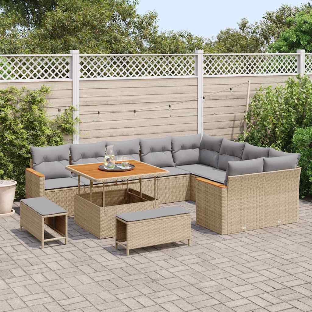 vidaXL 12-delige Tuinbankenset met kussens poly rattan acacia beige