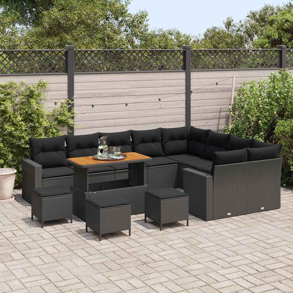 vidaXL 13-delige tuinsofa set met kussens in zwart poly rattan en acacia