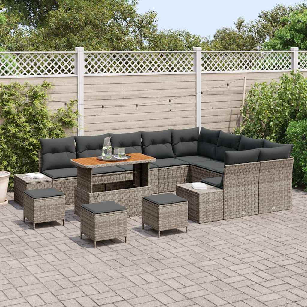 vidaXL 13-delige Tuinbankenset met kussens poly rattan acacia grijs