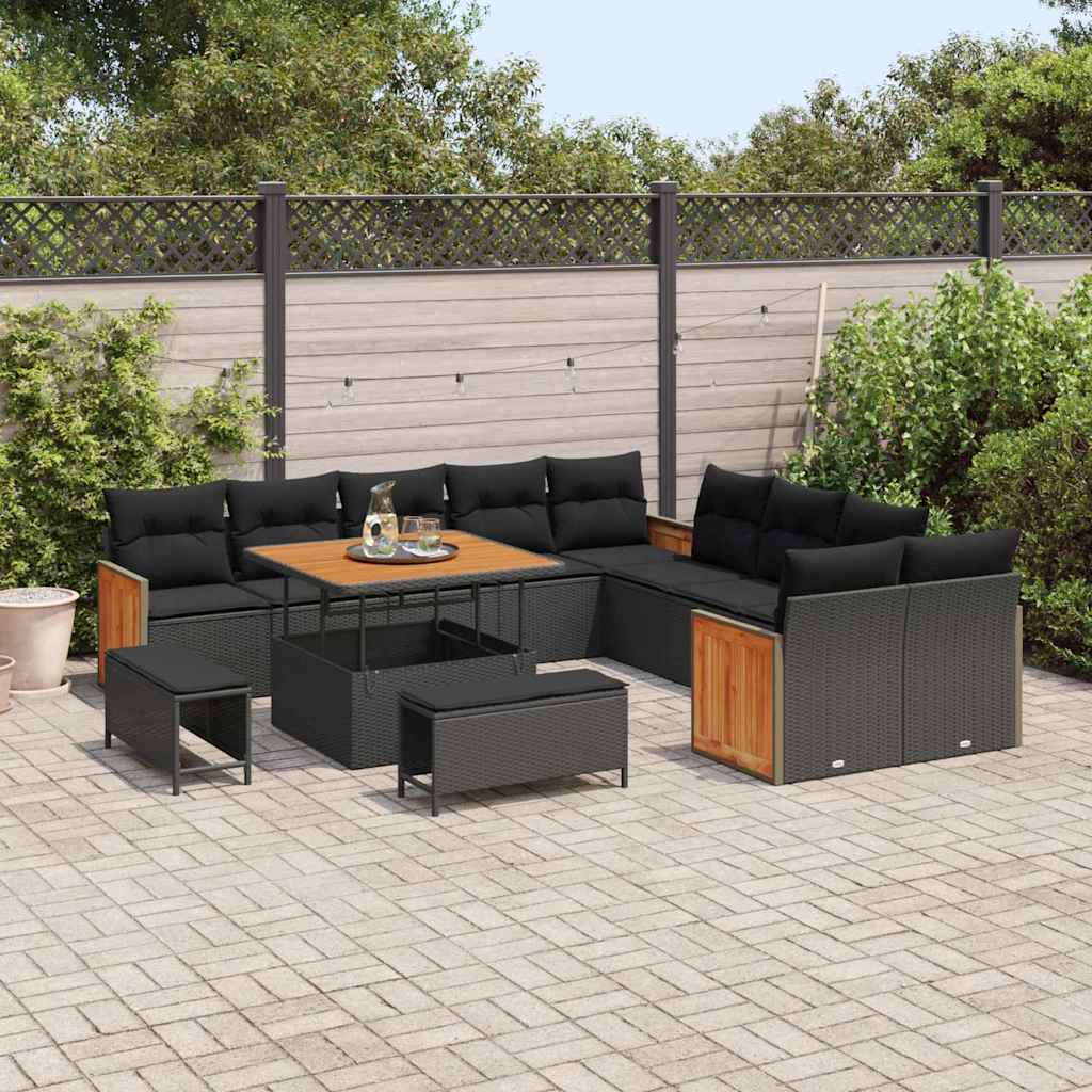 vidaXL 13-delige Tuinbankenset met kussens poly rattan acacia zwart