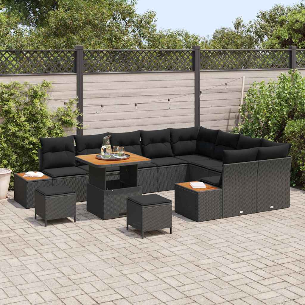 vidaXL 12-delige Tuinbankenset met kussens poly rattan acacia zwart