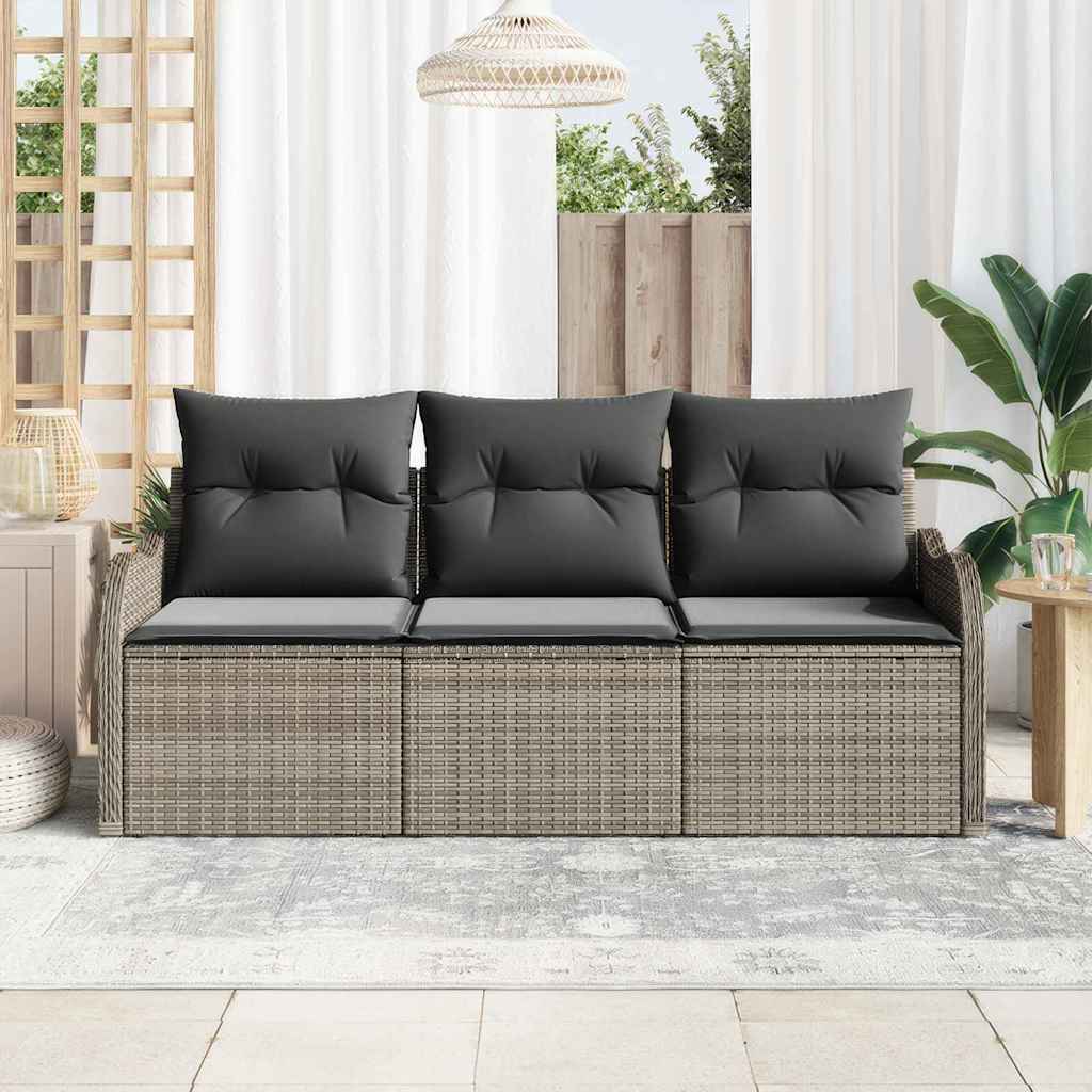 vidaXL 3-delige Tuinbankenset met kussens poly rattan grijs
