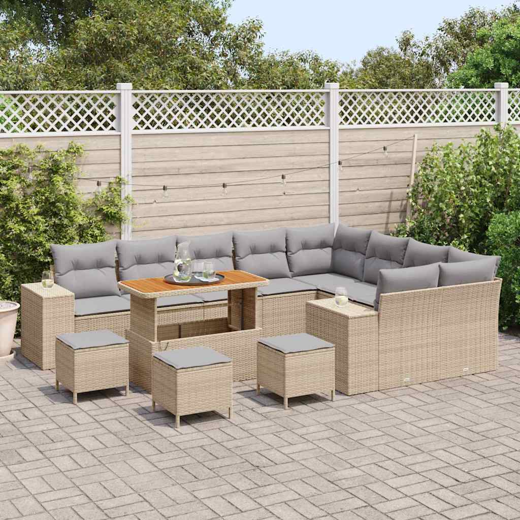 vidaXL 13-delige tuinbankset met kussens in beige van poly rattan en acacia