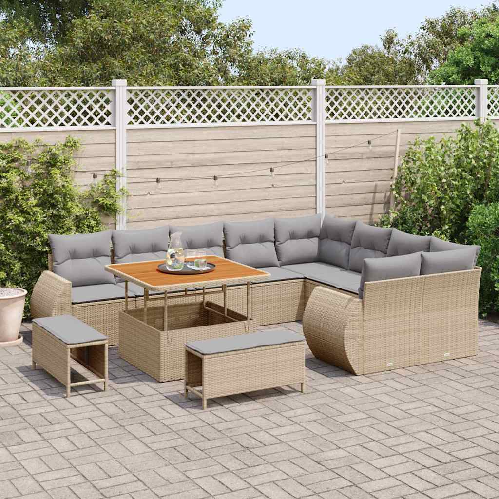 vidaXL 12-delige Tuinbankenset met kussens poly rattan acacia beige