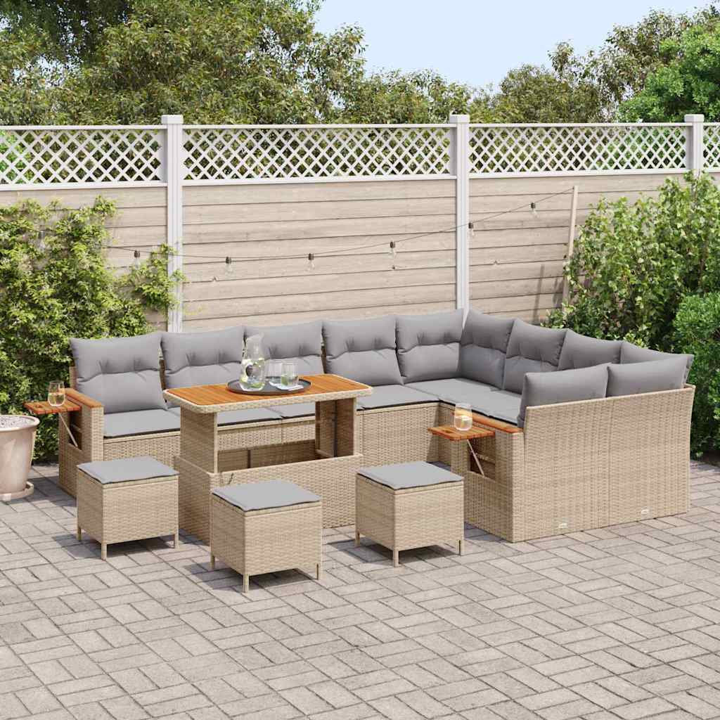 vidaXL 13-delige Tuinbankenset met kussens poly rattan acacia beige