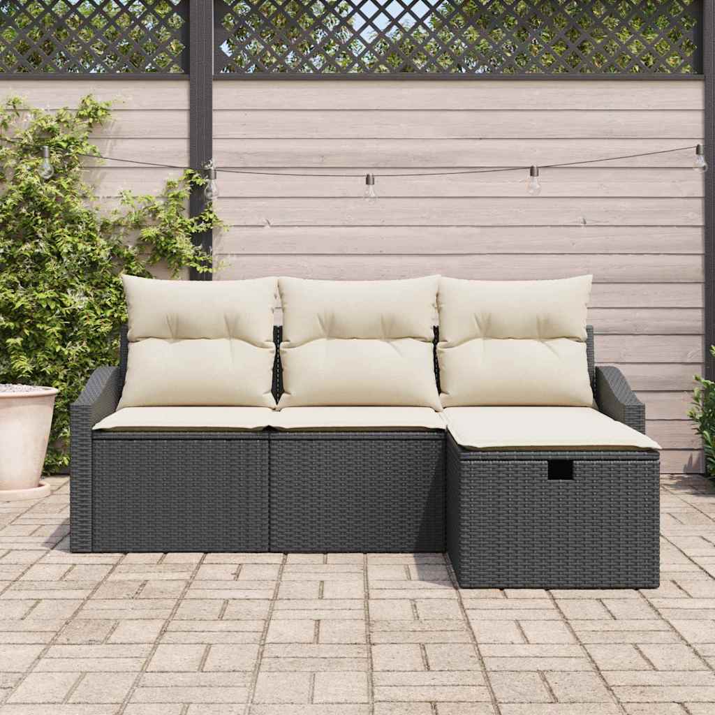vidaXL 4-delige tuinset met kussens in zwart poly rattan