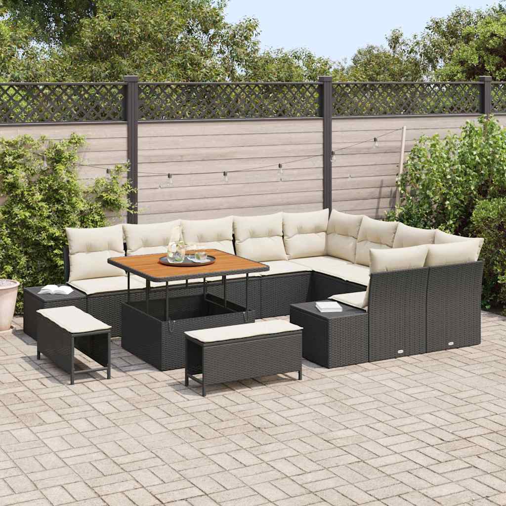 vidaXL 12-delige Tuinbankenset met kussens poly rattan acacia zwart