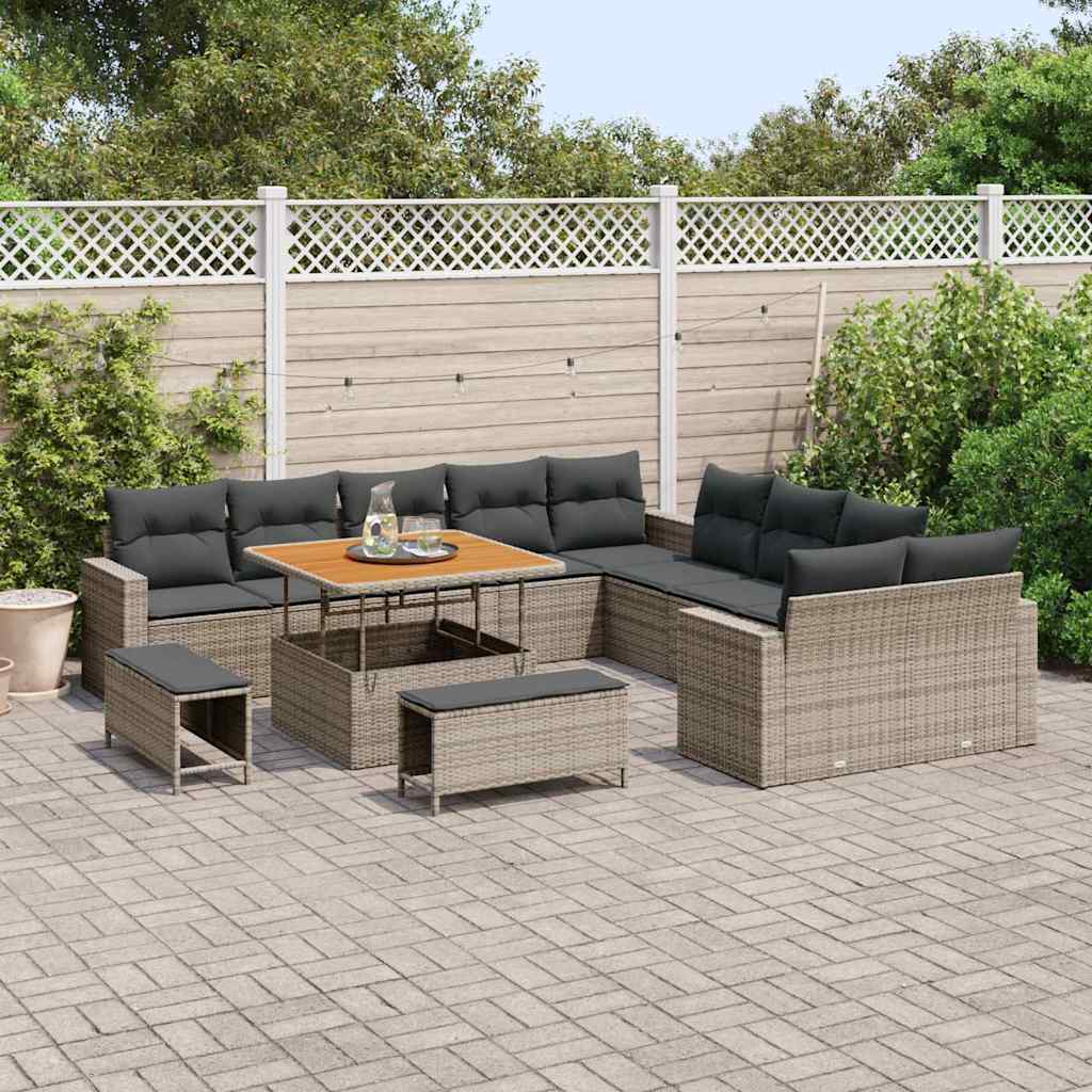 vidaXL 13-delige Tuinbankenset met kussens poly rattan acacia grijs