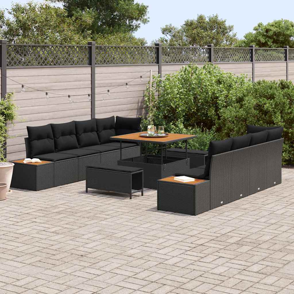 vidaXL 11 delige Tuinbankenset met kussens poly rattan acacia zwart