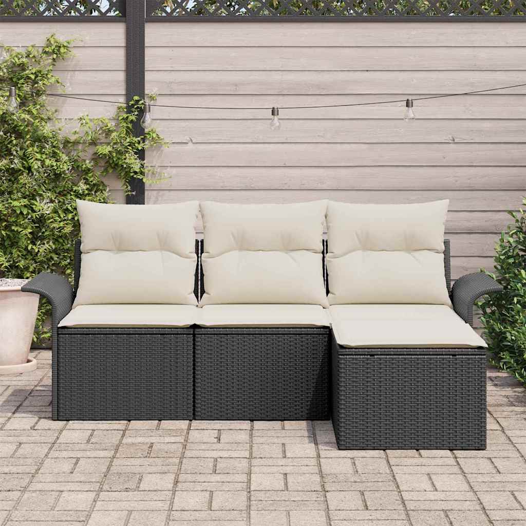vidaXL 4-delige Tuinbankenset met kussens poly rattan zwart