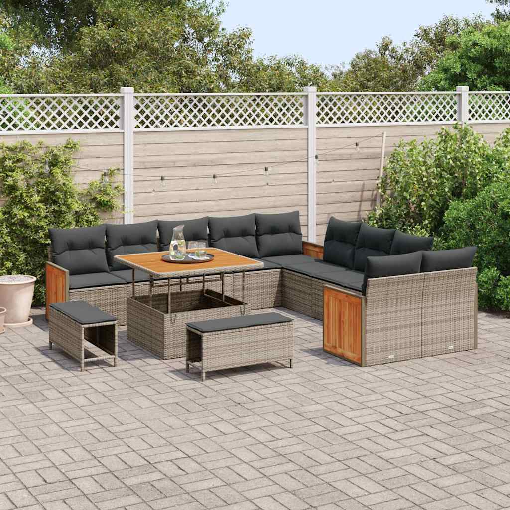 vidaXL 13-delige Tuinbankenset met kussens poly rattan acacia grijs