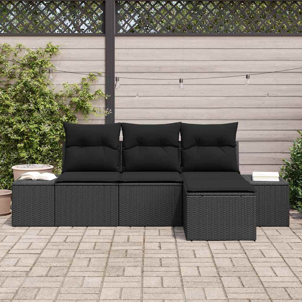 vidaXL 4-delige tuinsofa set met kussens in zwart poly rattan