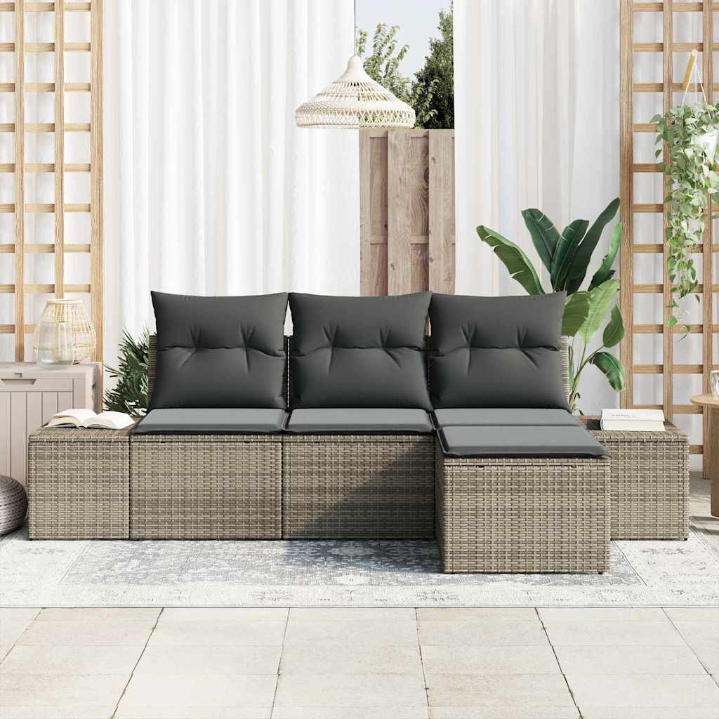 vidaXL 4-delige tuinsofa set met kussens in grijs poly rattan